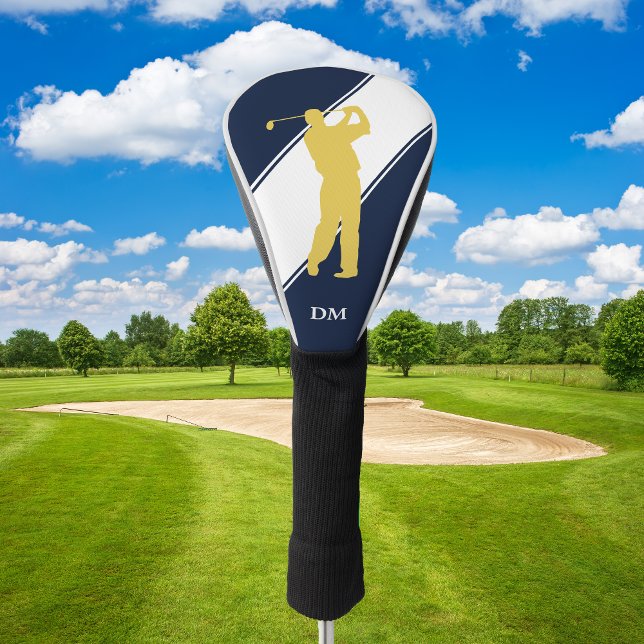 Gold Golfer on Blue White Monogram Golf Head Cover (Creator Uploaded)