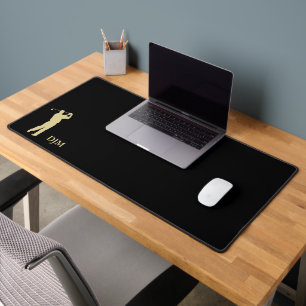 Gold Golfer Silhouette Monogram on Black Desk Mat