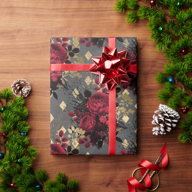 Gold Gothic Grunge Christmas Floral Pattern Wrapping Paper (Holiday Gift)