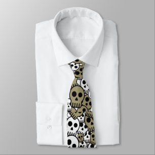 Gold Gothic Skull Pattern Print Tie