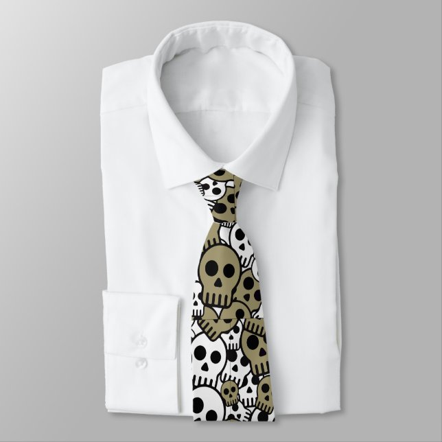 Gold Gothic Skull Pattern Print Tie (Tied)