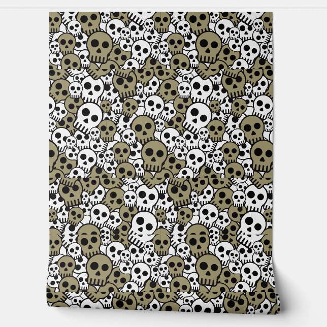 Gold Gothic Skull Pattern Print Wallpaper (Unrolling)