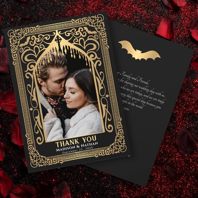 Gold Gothic Vampire Cathedral Photo Wedding Thank You Card (Creator Uploaded)