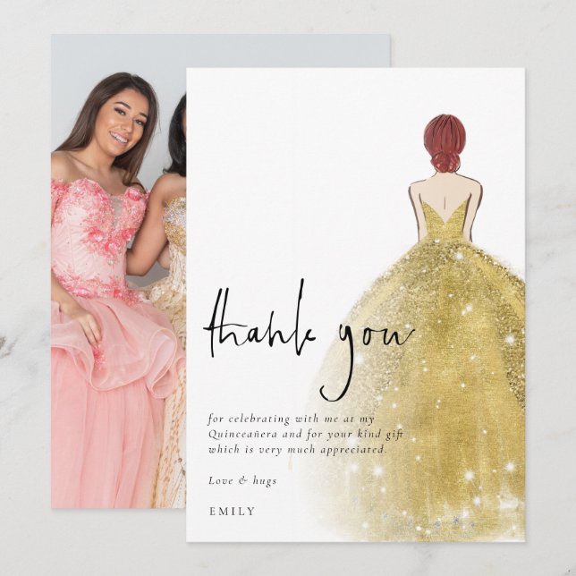 Gold Gown Photo Auburn Quinceañera  Thank You Card (Front/Back)