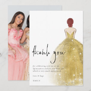 Gold Gown Photo Auburn Quinceañera  Thank You Card
