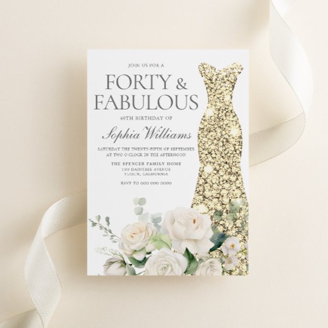Gold Gown White Flowers Elegant 40th Birthday Invitation (Creator Uploaded)
