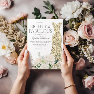 Gold Gown White Flowers Elegant 80th Birthday Invitation