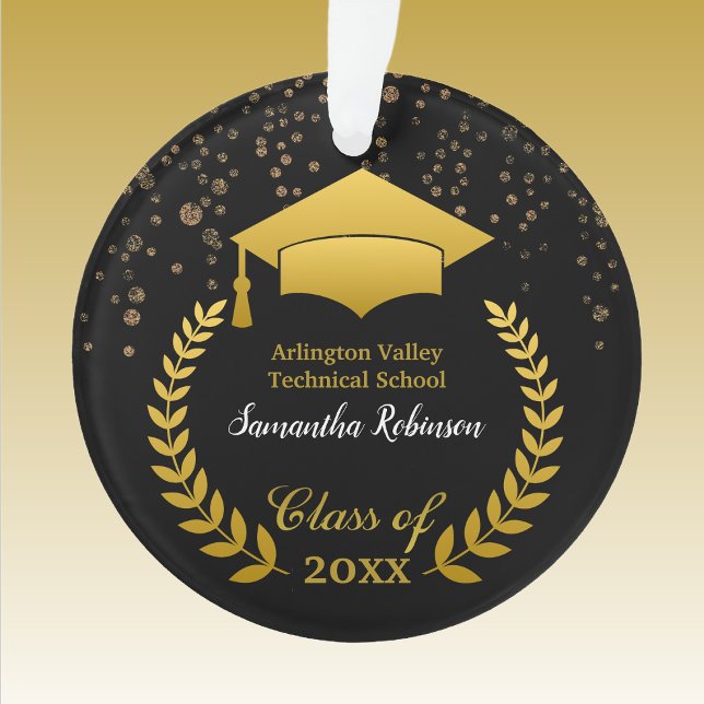 Gold Grad Cap and Laurel on Black Graduation Ornament (Creator Uploaded)