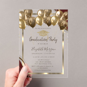 Gold Grad Cap Balloons Burgundy Border Graduation Acrylic Invitations