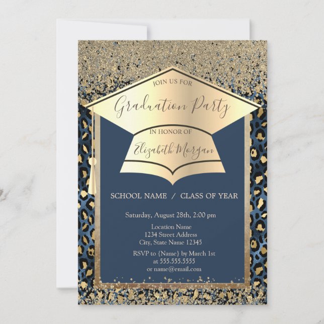 Gold Grad Cap,Diamonds Blue Leopard Graduation Invitation (Front)