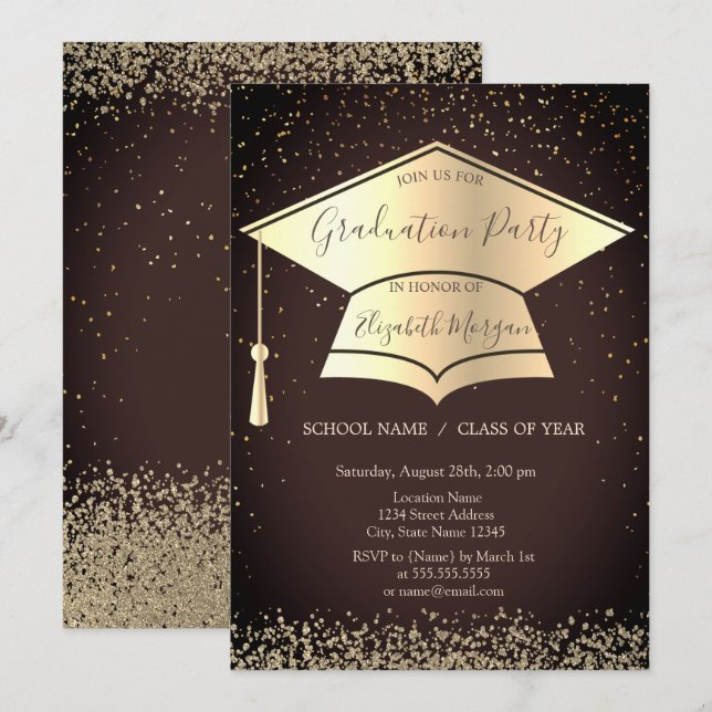Gold Grad Cap,Diamonds Confetti Brawn Graduation Invitation (Front/Back)