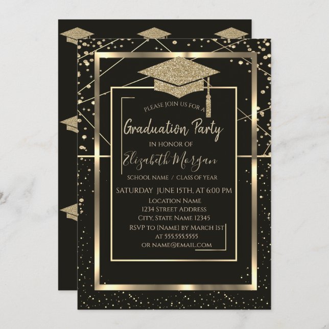 Gold Grad Cap Diamonds Geometric Graduation Invitation (Front/Back)