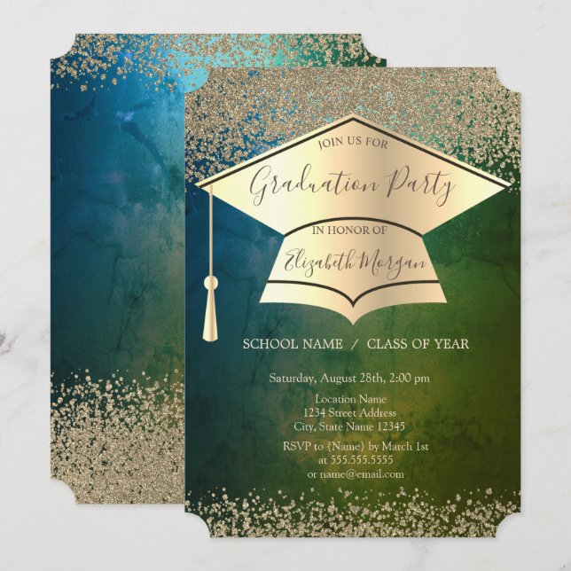 Gold Grad Cap,Gold Diamonds Old Green Graduation Invitation (Front/Back)