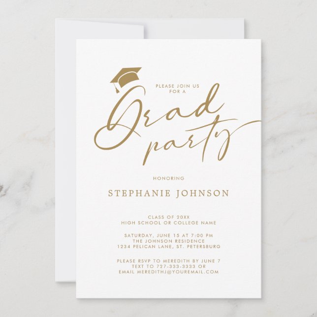 Gold Grad Cap Modern Calligraphy Graduation Party Invitation (Front)