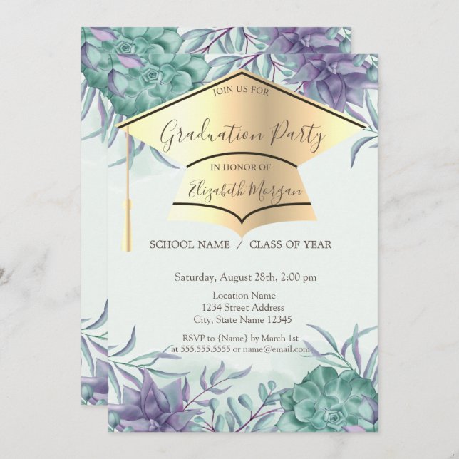 Gold Grad Cap,Succulents Graduation  Invitation (Front/Back)
