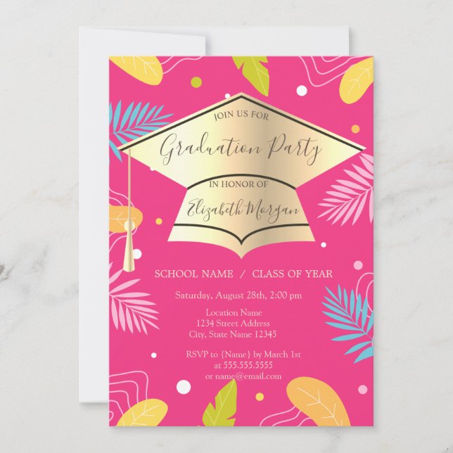 Gold Grad Cap Tropical Leaves Pink Graduation Invitation (Front)