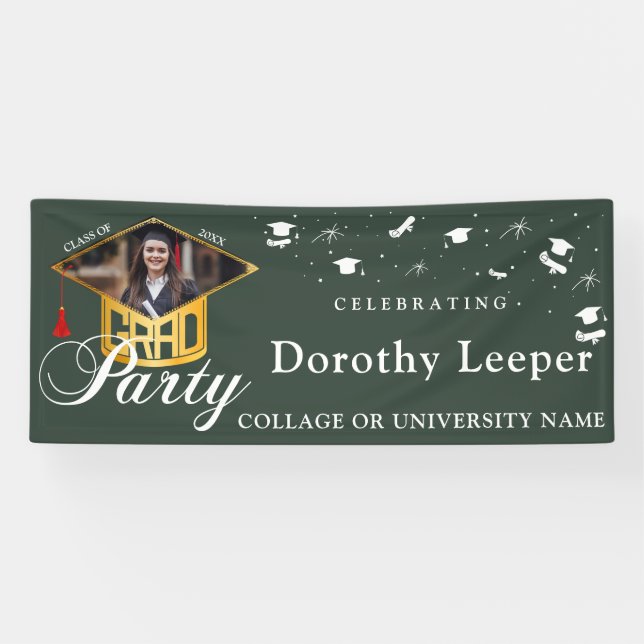 Gold Grad Cap typography & Tassel Photo Graduation Banner (Horizontal)