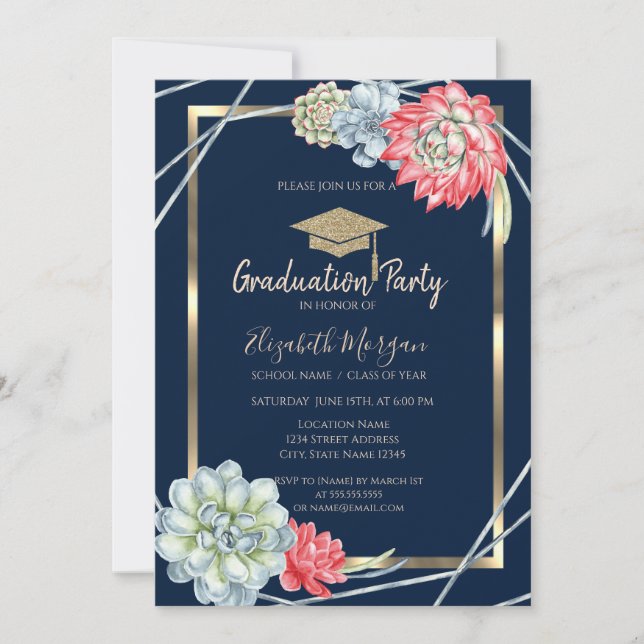 Gold Grad Cap Watercolor Desert Cactus Graduation Invitation (Front)