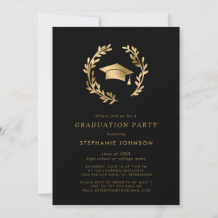 Gold Grad Cap Wreath Chic Black Graduation Party Invitation