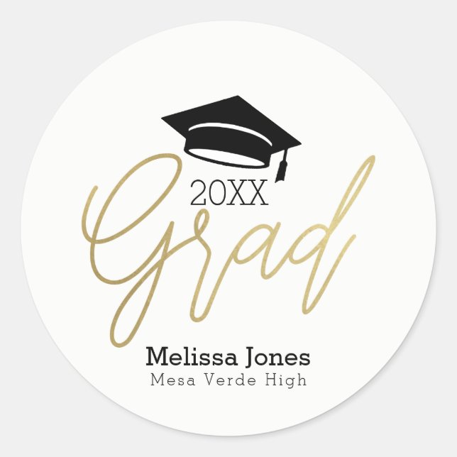Gold GRAD Graduate Graduation Modern Script Custom Classic Round Sticker (Front)