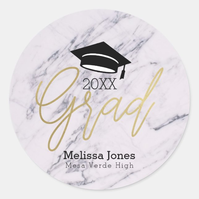 Gold GRAD Graduate Graduation Modern Script Marble Classic Round Sticker (Front)
