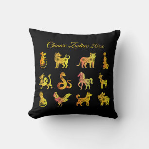 Gold Gradient Chinese Zodiac Animal Black Cushion