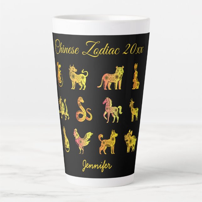 Gold Gradient Chinese Zodiac Animal Black Latte Mug (Front)
