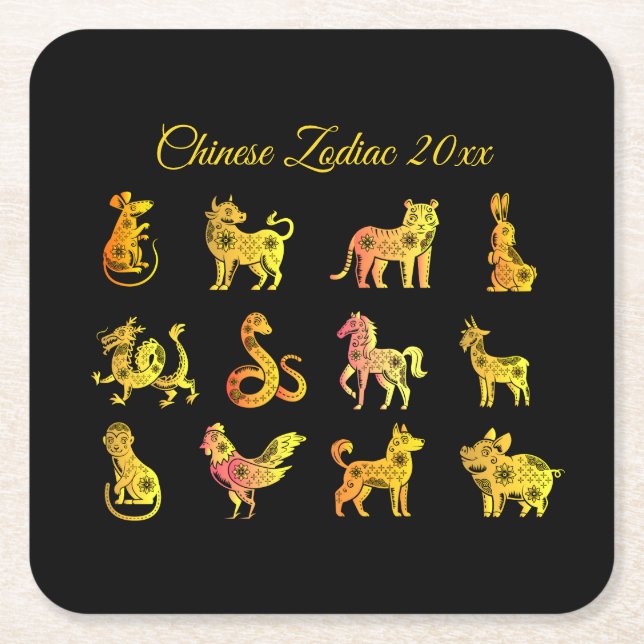 Gold Gradient Chinese Zodiac Animal Black Square Paper Coaster (Front)