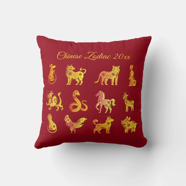 Gold Gradient Chinese Zodiac Animal Red Cushion (Back)