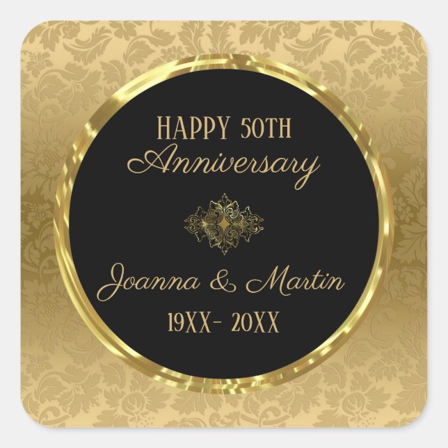Gold Gradient Damask- Anniversary Square Sticker (Front)