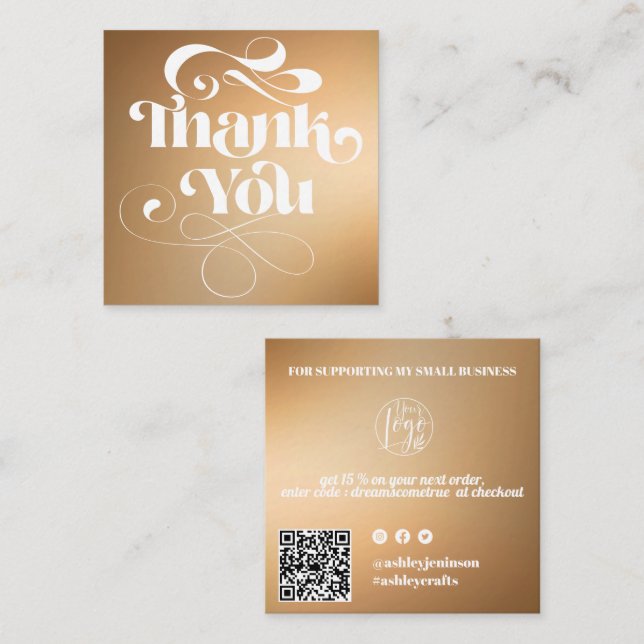 Gold gradient retro script order thank you square business card (Front/Back)