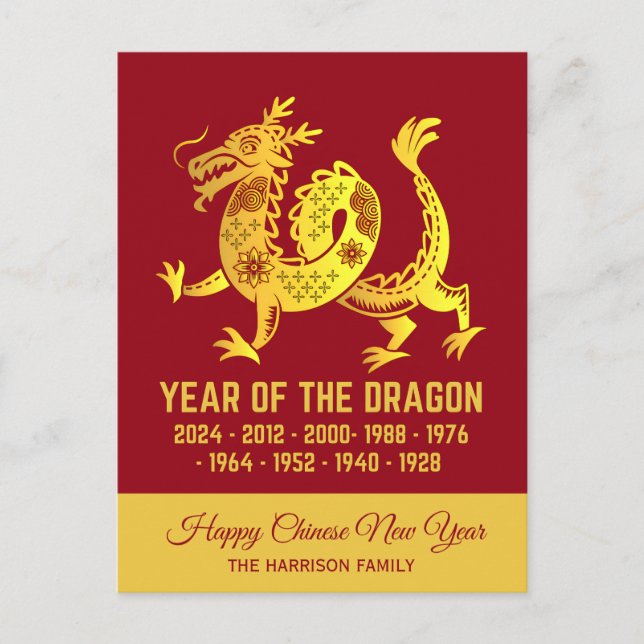 Gold Gradient Year Of The Dragon Zodiac Name Red Postcard (Front)