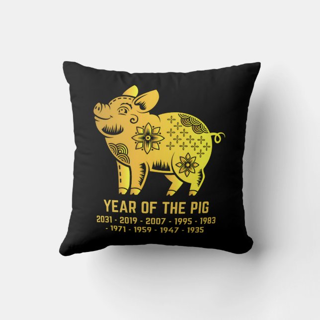 Gold Gradient Year Of The Pig Zodiac Black Cushion (Back)