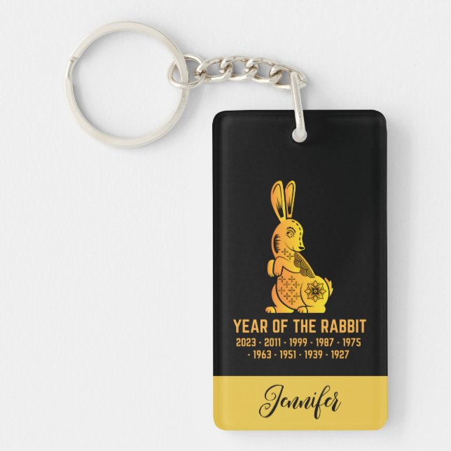 Gold Gradient Year Of The Rabbit Zodiac Name Black Key Ring (Front)