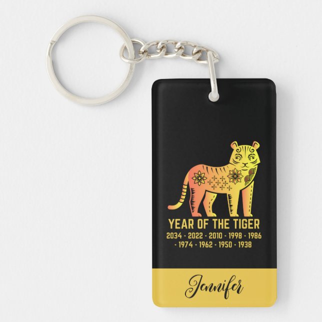 Gold Gradient Year Of The Tiger Zodiac Name Black Key Ring (Front)
