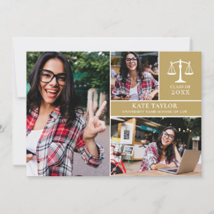 Gold Graduate 3 Photo Law School Graduation Party  Invitation