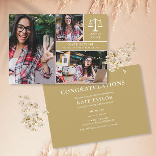 Gold Graduate 3 Photo Law School Graduation Party Invitation