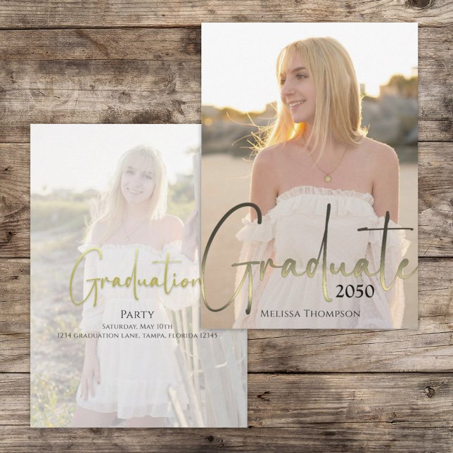 Gold Graduate Black Calligraphy Simple Two Photo  Invitation (Graduation photo invitation announcement with gradient gold calligraphy. )