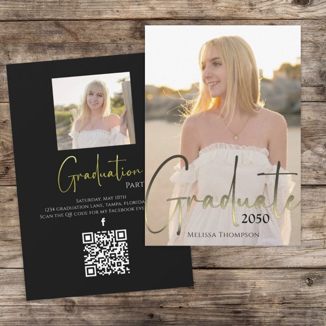 Gold Graduate Black Photo QR Code Social Media Invitation (Graduate gold typography script photo invitation announcement. )