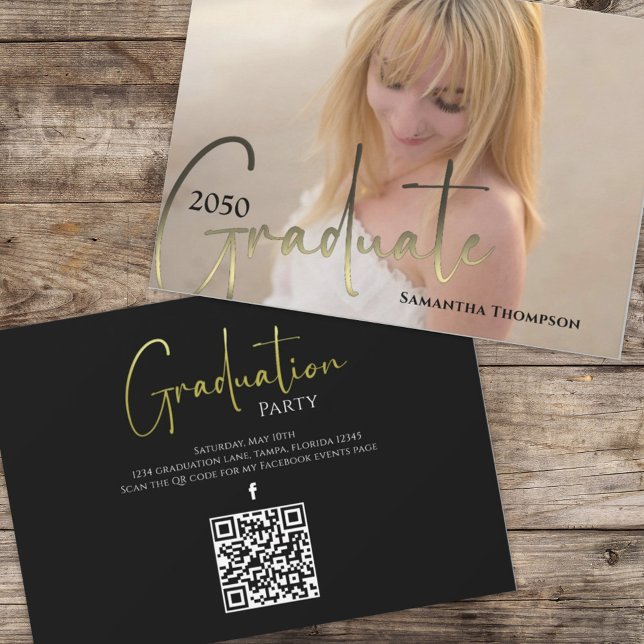 Gold Graduate Black Photo QR Code Social Media Invitation (Creator Uploaded)