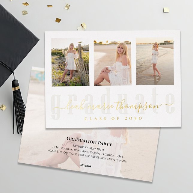 Gold Graduate Calligraphy Photo Collage  (Gold foil graduation photo invitation template. )