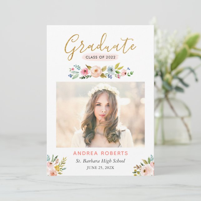Gold Graduate Floral Photo Graduation Announcement (Standing Front)