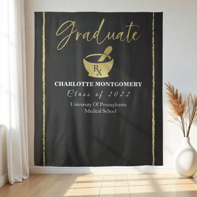 Gold Graduate Pharmacy School Graduation Backdrop Tapestry (Creator Uploaded)