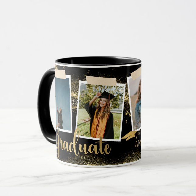 Gold Graduate Photo Name Black Graduation Mug (Front Left)