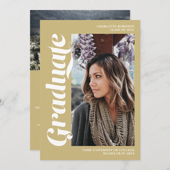 Gold graduate script 3 photo graduation invitation (Front/Back)
