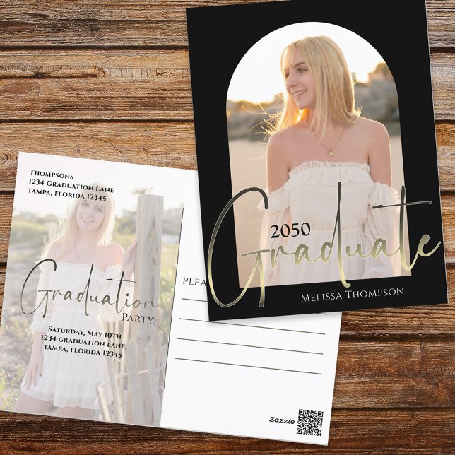 Gold Graduate Script Black Arch Photo Invitation Postcard (Creator Uploaded)