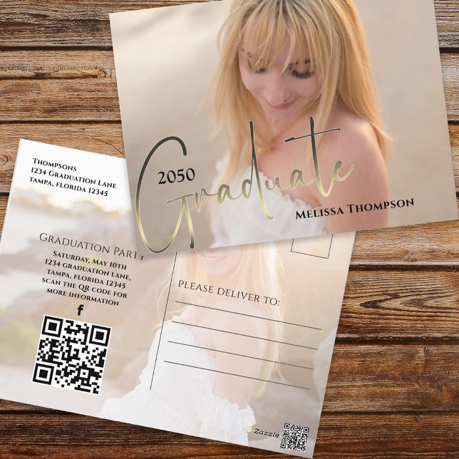 Gold Graduate Script Black Photo QR Code Website Postcard (Creator Uploaded)