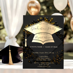 Gold Graduation Cap,Balloons Black Graduation Invitation