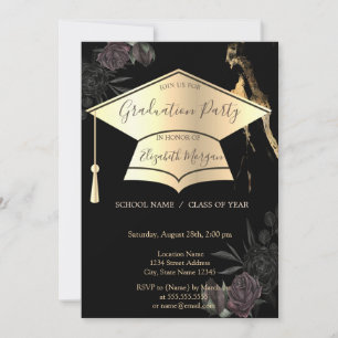 Gold Graduation Cap Black Roses Graduation Invitation