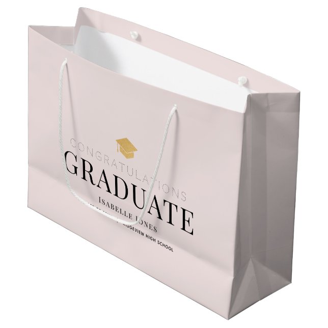 Gold Graduation Cap Blush Pink Graduation Large Gift Bag (Front Angled)